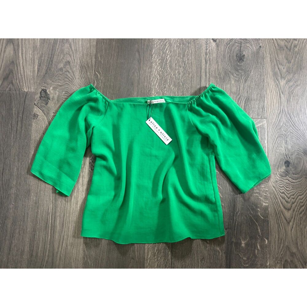 Alice + Olivia Kelly Green Boat Scooop Neck Drapey Short Sleeve Blouse Top XS
